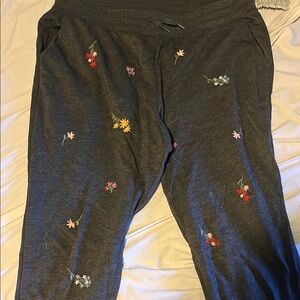Gray Floral Embroidered Pants